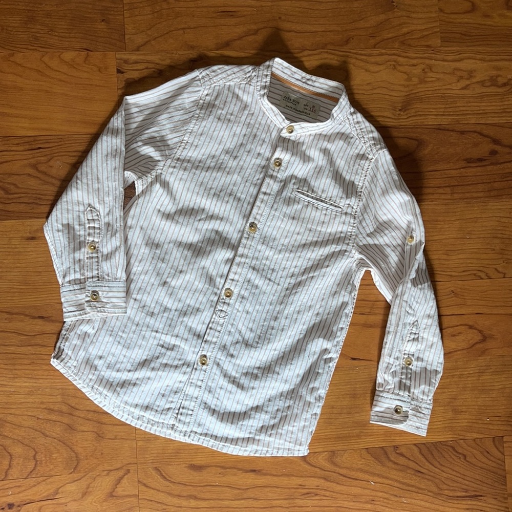 Zara boys white with tan stripes dress shirt size 5